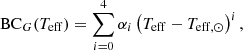 $$ \begin{aligned} \mathrm{BC}_G (T_{\mathrm{eff} }) = \sum \limits _{i=0}^4 \alpha _i \left(T_{\mathrm{eff} } - T_{\mathrm{eff} ,\odot }\right)^i, \end{aligned} $$