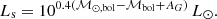 $$ \begin{aligned} L_{\rm s} = 10^{0.4({\mathcal{M} }_{\odot ,\mathrm{bol} } - {\mathcal{M} }_{\mathrm{bol} } + A_G)} \, L_{\odot }. \end{aligned} $$