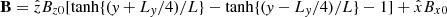 $ \mathbf{B}=\hat{z}B_{z0}[\tanh\{(\mathit{y}+L_{\mathit{y}}/4)/L\}-\tanh\{(\mathit{y}-L_{\mathit{y}}/4)/L\}-1]+\hat{x}B_{x0} $