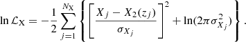 $$ \begin{aligned} \ln \mathcal{L} _{\rm X} = -\frac{1}{2} \sum _{j=1}^{N_{\rm X}}\left\{ \left[\dfrac{X_j-X_2(z_j)}{\sigma _{X_j}}\right]^2 + \ln (2\pi \sigma ^2_{X_j})\right\} . \end{aligned} $$