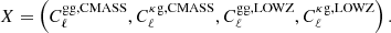 $$ \begin{aligned} X = \left(C_{\ell }^\mathrm{gg,CMASS},C_{\ell }^{\kappa \mathrm{g,CMASS}},C_{\ell }^\mathrm{gg,LOWZ},C_{\ell }^{\kappa \mathrm{g,LOWZ}}\right). \end{aligned} $$