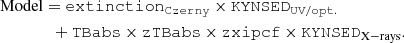 $$ \begin{aligned}&\mathrm{Model} = {\mathtt {extinction}_{\mathtt {Czerny}} \times {\mathtt {KYNSED}}_{\mathtt {UV/opt.}} } \nonumber \\&\qquad \qquad + {\mathtt{TBabs} \times \mathtt {zTBabs} \times \mathtt {zxipcf} \times {\mathtt {KYNSED}}_{\rm X-rays}}. \end{aligned} $$