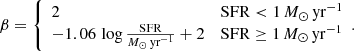 $$ \begin{aligned} \beta = \left\{ \begin{array}{ll} 2&{\mathrm{SFR}} < 1\,M_\odot \,\mathrm{yr}^{-1} \\ -1.06 \, \log \frac{\mathrm{SFR}}{M_\odot \,\mathrm{yr}^{-1}} +2&{\mathrm{SFR}} \ge 1\,M_\odot \,\mathrm{yr}^{-1} \\ \end{array}. \right. \end{aligned} $$