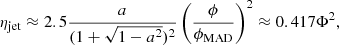 $$ \begin{aligned} \eta _{\rm jet}\approx 2.5\frac{a}{(1+\sqrt{1-a^2})^2}\left(\frac{\phi }{\phi _{\rm MAD}}\right)^2 \approx 0.417\Phi ^2, \end{aligned} $$