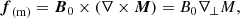 $$ \begin{aligned} \boldsymbol{f}_{\rm (m)} = \boldsymbol{B}_0 \times (\nabla \times \boldsymbol{M}) = B_0 \nabla _\perp M, \end{aligned} $$