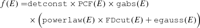 $$ \begin{aligned} \begin{aligned} f(E)=&\mathtt {detconst} \times \mathtt {PCF} (E) \times \mathtt {gabs} (E) \\&\times \Bigl (\mathtt {powerlaw} (E) \times \mathtt {FDcut} (E) + \mathtt {egauss} (E) \Bigr ) \end{aligned} \end{aligned} $$