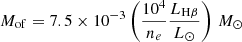 $$ \begin{aligned} M_{\rm of}=7.5 \times 10^{-3} \left(\frac{10^{4}}{n_e}\frac{L_{\mathrm{H}\beta }}{L_\odot } \right)\,M_\odot \end{aligned} $$