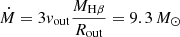 $ \dot{M}=3v_{\mathrm{out}}\frac{M_{\mathrm{H}\beta}}{R_{\mathrm{out}}}= 9.3\,M_\odot $