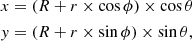 $$ \begin{aligned} \begin{aligned}&x = (R + r \times \cos {\phi }) \times \cos {\theta }\\&{ y} = (R + r \times \sin {\phi }) \times \sin {\theta }, \end{aligned} \end{aligned} $$