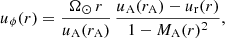 $$ \begin{aligned} u_\phi (r) = \frac{\Omega _\odot \, r}{u_{\rm A}(r_{\rm A})} \, \frac{u_{\rm A}(r_{\rm A}) - u_{\rm r}(r)}{ 1 - M_{\rm A}(r)^2 }, \end{aligned} $$