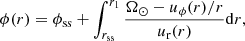 $$ \begin{aligned} \phi (r) = \phi _{\rm ss} + \int _{r_{\rm ss}}^{r_1} \frac{ \Omega _\odot - u_\phi (r) / r }{u_{\rm r}(r)} \mathrm{d}r , \end{aligned} $$