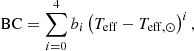 $$ \begin{aligned} \mathrm{BC} = \sum _{i=0}^4 b_i \left(T_{\rm eff}-T_{\rm eff,\odot }\right)^i, \end{aligned} $$
