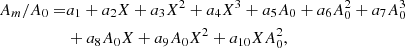 $$ \begin{aligned} A_m/A_0 =&a_1+a_2X+a_3X^2+a_4X^3+a_5A_0+a_6 A_0^2+a_7A_0^3\nonumber \\&+ a_8A_0X+a_9 A_0X^2+a_{10}XA_0^2, \end{aligned} $$