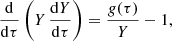 $$ \begin{aligned} \frac{\mathrm{d}}{\mathrm{d}\tau }\left( Y\,\frac{\mathrm{d}Y}{\mathrm{d}\tau } \right) = \frac{g(\tau )}{Y} - 1, \end{aligned} $$