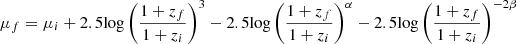 $$ \begin{aligned} \mu _f = \mu _i + 2.5\mathrm{log}\left(\frac{1+z_f}{1+z_i}\right)^3- 2.5\mathrm{log}\left(\frac{1+z_f}{1+z_i}\right)^{\alpha }- 2.5\mathrm{log}\left(\frac{1+z_f}{1+z_i}\right)^{-2\beta } \end{aligned} $$