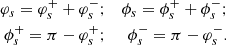 $$ \begin{aligned} \varphi _{s} = \varphi ^{+}_{s} + \varphi ^{-}_{s}&;&\phi _{s} = \phi _{s}^{+} + \phi _{s}^{-}; \\ \phi _{s}^{+} = \pi - \varphi _{s}^{+}&;&\phi _{s}^{-} = \pi - \varphi _{s}^{-}. \end{aligned} $$