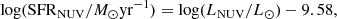 $$ \begin{aligned} \mathrm{log} (\mathrm{SFR} _{\mathrm{NUV} }/{M}_{\odot } \mathrm{yr} ^{-1}) = \mathrm{log} ({L}_{\mathrm{NUV} }/{L}_{\odot }) - 9.58, \end{aligned} $$