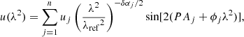 $$ \begin{aligned}&u (\lambda ^2) = \sum ^n_{j=1} u_{j} \left(\frac{\lambda ^2}{\lambda _{\rm ref}{^2}}\right)^{-\delta \alpha _j/2}{\sin }[2(PA_j+\phi _j \lambda ^2)], \end{aligned} $$