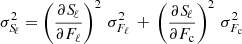 $$ \begin{aligned} \sigma _{{S\!}_\ell }^2&= \left(\frac{\partial {S\!}_\ell }{\partial F_\ell }\right)^2\,\sigma _{F_\ell }^2\, +\, \left(\frac{\partial {S\!}_\ell }{\partial F_{\rm c}}\right)^2\,\sigma _{F_{\rm c}}^2 \end{aligned} $$
