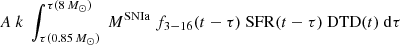 $ A~k~\int_{\tau(0.85\,{M}_{\odot})}^{\tau(8\,{M}_{\odot})}~M^{\mathrm{SNIa}}~f_{\mathrm{3-16}}(t-\tau)~\mathrm{SFR}(t-\tau)~\mathrm{DTD}(t)~\mathrm{d}\tau $