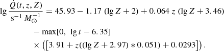 $$ \begin{aligned}&\lg \frac{\dot{Q}(t, z, Z)}{\mathrm{s} ^{-1}\,{M}_{\odot }^{-1}} = 45.93 - 1.17~ (\lg Z+2) + 0.064~ z~ (\lg Z + 3.46) \nonumber \\&\qquad \qquad \quad - \mathrm{max} [0,~\lg t - 6.35] \nonumber \\&\qquad \qquad \quad \times \left( \left[3.91 + z((\lg Z + 2.97) * 0.051) + 0.0293\right] \right). \end{aligned} $$