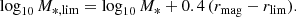 $$ \begin{aligned} \log _{10} M_{*,\mathrm{lim}} = \log _{10} M_* + 0.4\,(r_{\rm mag}-r_{\rm lim}). \end{aligned} $$
