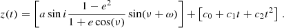 $$ \begin{aligned} z(t) = \left[ a\sin i \frac{1-e^2}{1+e \cos (\nu )} \sin (\nu + \omega )\right] + \left[c_0 + c_1 t + c_2 t^2\right]\,. \end{aligned} $$