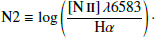 $$ \begin{aligned} \mathrm{N2}\equiv \log \left(\frac{\left[{\mathrm{N}\,\text{\small{II}} }\right]\lambda 6583}{\mathrm{H}\alpha }\right)\cdot \end{aligned} $$