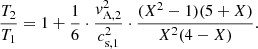 $$ \begin{aligned} \frac{T_{2}}{T_{1}} = 1 + \frac{1}{6} \cdot \frac{v_{\rm A,2}^2}{c_{\rm s,1}^{2}} \cdot \frac{(X^{2}-1)(5+X)}{X^{2}(4-X)} .\end{aligned} $$