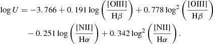 $$ \begin{aligned} \log U &= -3.766 + 0.191 \log \left( \frac{[\mathrm{OIII}]}{\mathrm{H}\beta } \right) + 0.778 \log ^2 \left( \frac{[\mathrm{OIII}]}{\mathrm{H}\beta } \right)\nonumber \\& \quad - 0.251 \log \left( \frac{[\mathrm{NII}]}{\mathrm{H}\alpha } \right) + 0.342 \log ^2 \left( \frac{[\mathrm{NII}]}{\mathrm{H}\alpha } \right). \end{aligned} $$