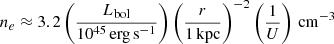 $$ \begin{aligned} n_e \approx 3.2 \left( \frac{L_{\mathrm{bol}}}{10^{45}\,\mathrm{erg\,s}^{-1}} \right) \left( \frac{r}{1\,\mathrm{kpc}}\right)^{-2} \left(\frac{1}{U} \right)\,\mathrm{cm}^{-3} \end{aligned} $$