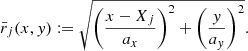 $$ \begin{aligned} \bar{r}_j(x,{ y}) := \sqrt{\left(\dfrac{x-X_j}{a_x}\right)^2 +\left(\dfrac{{ y}}{a_{ y}}\right)^2}. \end{aligned} $$