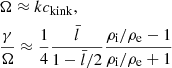 $$ \begin{aligned} \begin{aligned}&\Omega \approx k c_{\mathrm{kink}}, \\&\dfrac{\gamma }{\Omega } \approx \dfrac{1}{4} \dfrac{\bar{l}}{1-\bar{l}/2} \dfrac{\rho _{\mathrm{i}}/\rho _{\mathrm{e}}-1}{\rho _{\mathrm{i}}/\rho _{\mathrm{e}}+1} \end{aligned} \end{aligned} $$