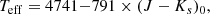 $$ \begin{aligned} T_{\rm eff} = 4741{-}791 \times (J-K_s)_0, \end{aligned} $$