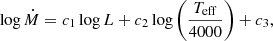$$ \begin{aligned} \log {\dot{M}} = c_1 \log {L} + c_2\log {\left(\frac{T_{\rm eff}}{4000}\right)} + c_3, \end{aligned} $$