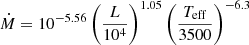 $ \dot{M} = 10^{-5.56}\left(\frac{L}{10^4}\right)^{1.05}\left(\frac{T_{\mathrm{eff}}}{3500}\right)^{-6.3} $
