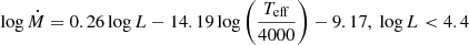$ \log{\dot{M}} = 0.26 \log{L} - 14.19\log{\left(\frac{T_{\mathrm{eff}}}{4000}\right)} - 9.17, \ \log{L} < 4.4 $