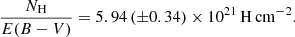 $$ \begin{aligned} \frac{{N}_{\rm {H}}}{{E(B-V)}} = 5.94\,(\pm 0.34) \times 10^{21}\,\mathrm{H\,cm}^{-2}. \end{aligned} $$