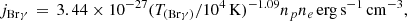 $$ \begin{aligned} j_{\mathrm{Br}\gamma }\,=\,3.44\times 10^{-27}(T_{(\mathrm{Br}\gamma )}/10^4\,\mathrm{K})^{-1.09} n_p n_e\,\mathrm{erg\,s}^{-1}\,\mathrm{cm}^{-3}, \end{aligned} $$