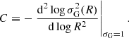 $$ \begin{aligned}&C \equiv - \left. \frac{\mathrm{d}^2 \log \sigma _{\rm G}^2(R)}{\mathrm{d} \log R^2} \right|_{\sigma _{\rm G} = 1}. \end{aligned} $$
