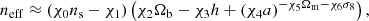 $$ \begin{aligned} n_{\rm eff} \approx \left( \chi _0 n_{\rm s} - \chi _1 \right) \left( \chi _2 \Omega _{\rm b} - \chi _3 h + \left( \chi _4 a \right)^{- \chi _5 \Omega _{\rm m} - \chi _6 \sigma _8} \right), \end{aligned} $$