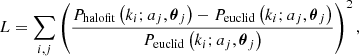$$ \begin{aligned} L = \sum _{i, j} \left( \frac{P_{\rm halofit}\left(k_i; a_j, \boldsymbol{\theta }_j \right) - P_{\rm euclid} \left(k_i; a_j, \boldsymbol{\theta }_j \right)}{P_{\rm euclid}\left(k_i; a_j, \boldsymbol{\theta }_j \right)} \right)^2, \end{aligned} $$