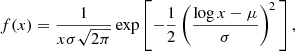 $$ \begin{aligned} f(x) = \frac{1}{x\sigma \sqrt{2\pi }} \exp \left[-\frac{1}{2}\left(\frac{\log {x}-\mu }{\sigma }\right)^{\!2}\,\right], \end{aligned} $$