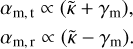 $\[\begin{aligned}& \alpha_{\mathrm{m}, \mathrm{t}} \propto\left(\tilde{\kappa}+\gamma_{\mathrm{m}}\right), \\& \alpha_{\mathrm{m}, \mathrm{r}} \propto\left(\tilde{\kappa}-\gamma_{\mathrm{m}}\right).\end{aligned}\]$