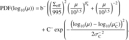 $\[\begin{aligned}\operatorname{PDF}\left(\log _{10}(\mu)\right)= & \mathrm{b}^{-}\left(\left(\frac{\Sigma_{\mathrm{eff}}}{995}\right)^2\left(\frac{\mu}{10^{3.5}}\right)^{\beta_{\mathrm{b}}^{+}}+\left(\frac{\mu}{10^{3.5}}\right)^{-2}\right) \\& +\mathrm{C}^{-} \exp \left(-\frac{\left(\log _{10}(\mu)-\log _{10}\left(\mu_{\mathrm{C}}^{-}\right)\right)^2}{2 \sigma_{\mathrm{C}}^{-2}}\right).\end{aligned}\]$
