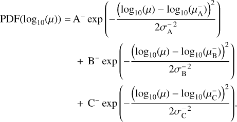 $\[\begin{aligned}\operatorname{PDF}\left(\log _{10}(\mu)\right)= & \mathrm{A}^{-} \exp \left(-\frac{\left(\log _{10}(\mu)-\log _{10}\left(\mu_{\mathrm{A}}^{-}\right)\right)^2}{2 \sigma_{\mathrm{A}}^{-2}}\right) \\& +\mathrm{B}^{-} \exp \left(-\frac{\left(\log _{10}(\mu)-\log _{10}\left(\mu_{\mathrm{B}}^{-}\right)\right)^2}{2 \sigma_{\mathrm{B}}^{-2}}\right) \\& +\mathrm{C}^{-} \exp \left(-\frac{\left(\log _{10}(\mu)-\log _{10}\left(\mu_{\mathrm{C}}^{-}\right)\right)^2}{2 \sigma_{\mathrm{C}}^{-2}}\right).\end{aligned}\]$