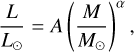 $\[\frac{L}{L_{\odot}}=A\left(\frac{M}{M_{\odot}}\right)^\alpha,\]$