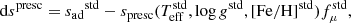 $$ \begin{aligned} \mathrm{d} s^\mathrm{presc} = {s_{\rm ad}}^\mathrm{std} - s_{\rm presc}(T_{\rm eff}^\mathrm{std}, \log g^\mathrm{std}, \mathrm{[Fe/H]}^\mathrm{std}) f_\mu ^\mathrm{std}, \end{aligned} $$