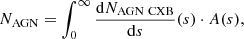 $$ \begin{aligned} N_{\rm AGN}=\int ^{\infty }_{0} \frac{\mathrm{d}N_{\rm AGN\ CXB}}{\mathrm{d}s}(s)\cdot A(s), \end{aligned} $$