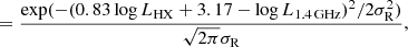 $$ \begin{aligned}&\qquad =\frac{\exp (-(0.83 \log L_{\rm HX}+3.17- \log L_{1.4\,\mathrm {GHz}})^2 / 2\sigma _{\rm R}^2)}{\sqrt{2\pi }\sigma _{\rm R}}, \end{aligned} $$